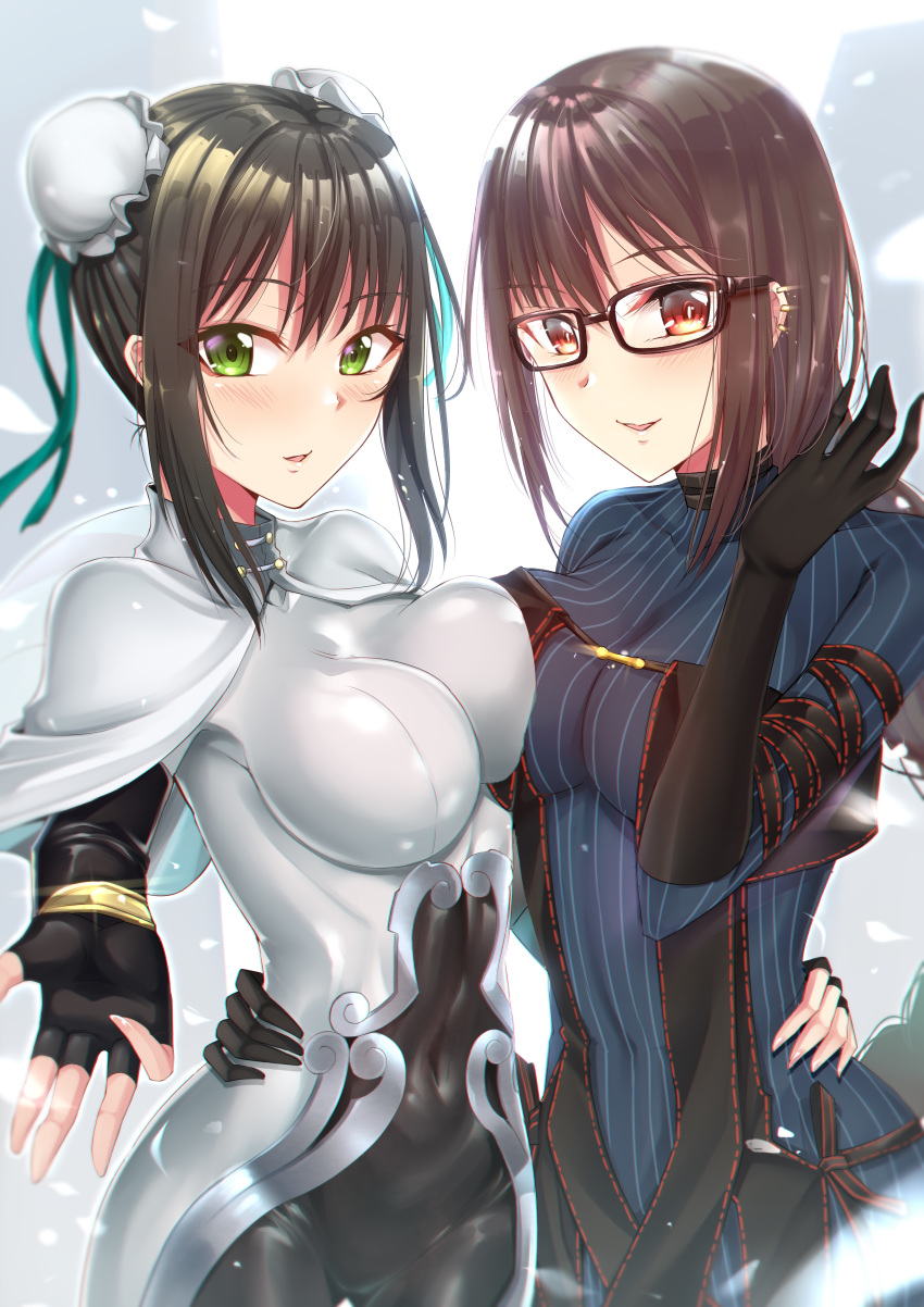 2girls absurdres akuta_hinako bangs black_dress black_gloves black_hair blue_shirt blush bodysuit breast_press breasts brown_hair bun_cover cape chinese_clothes consort_yu_(fate) double_bun dress ear_piercing elbow_gloves eyebrows_behind_hair fate/grand_order fate_(series) glasses gloves green_eyes green_ribbon gu_li hair_between_eyes hand_on_another's_hip hand_on_another's_hip highres jewelry large_breasts long_hair looking_at_viewer multiple_girls navel_cutout open_mouth outstretched_hand piercing qin_liangyu_(fate) red_eyes ribbon shirt short_hair smile strapless white_bodysuit white_cape