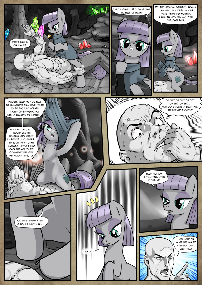 2016 anon armpits bald bare_chest clothed clothing comic cutie_mark dialogue duo earth_pony english_text equine female feral friendship_is_magic fur green_eyes grey_fur hair hi_res horse human imminent_rape lying male mammal maud_pie_(mlp) mine monochrome muscular muscular_male my_little_pony pencils_(artist) pony purple_hair rock text undressing