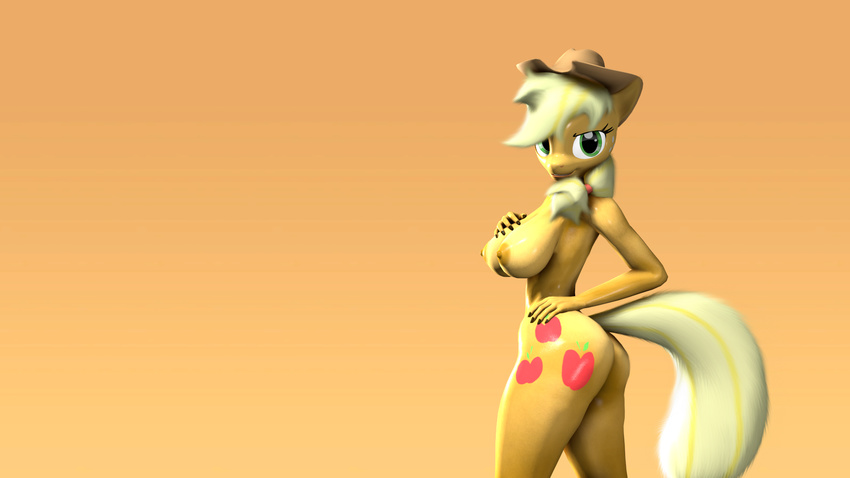 2016 3d_(artwork) anthro applejack_(mlp) armpits big_butt blonde_hair breasts butt cutie_mark digital_media_(artwork) earth_pony equine eyelashes female friendship_is_magic fur green_eyes hair hat horse looking_at_viewer looking_back mammal my_little_pony nipples nude open_mouth pony simple_background smile solo sosoft standing