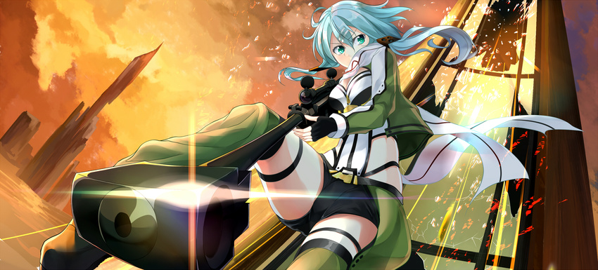 anti-materiel_rifle belt blue_hair breasts broken_glass cleavage cloud cropped_jacket falling fingerless_gloves glass gloves gochiwa green_eyes gun highres lens_flare long_hair medium_breasts muzzle_brake pgm_hecate_ii rifle scarf scope short_shorts shorts sinon sniper_rifle solo sword_art_online thigh_strap thighs weapon
