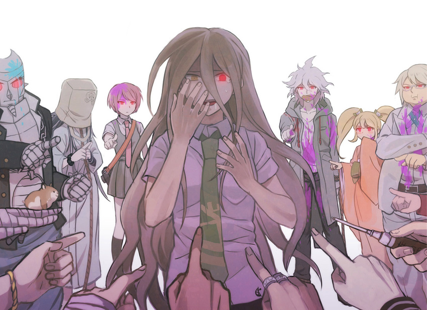 bad_pixiv_id bag_over_head bandages black_hair blonde_hair bow camera danganronpa everyone hinata_hajime japanese_clothes kamukura_izuru koizumi_mahiru komaeda_nagito kuzuryuu_fuyuhiko long_hair mioda_ibuki multiple_boys multiple_girls nail_polish nidai_nekomaru okuragon owari_akane parody pekoyama_peko pointing red_eyes red_hair robot saionji_hiyoko school_uniform short_hair souda_kazuichi spoilers super_danganronpa_2 tanaka_gandamu togami_byakuya_(super_danganronpa_2) tsumiki_mikan twintails