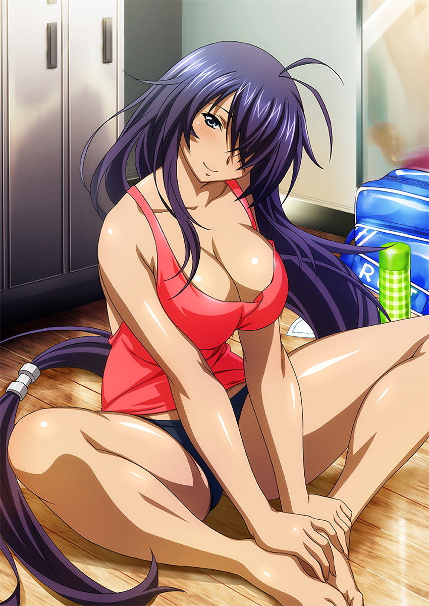 1girl ahoge blush breasts cleavage ikkitousen kan'u_unchou large_breasts long_hair looking_at_viewer purple_hair silver_eyes sitting smile solo spread_legs very_long_hair