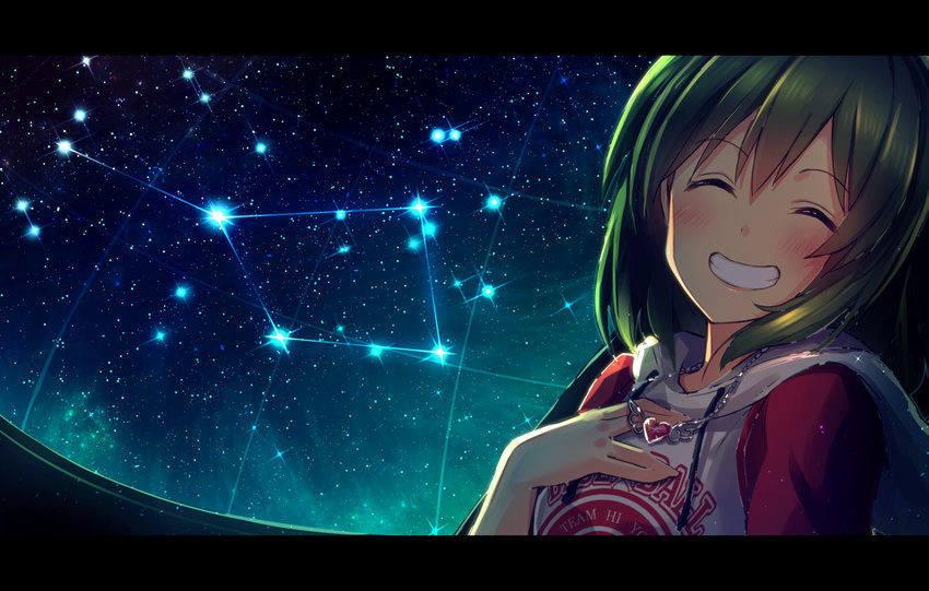 ^_^ bangs blush closed_eyes clothes_writing constellation diffraction_spikes drawstring dutch_angle eyes_visible_through_hair facing_viewer green_hair grin hair_between_eyes hand_on_own_chest heart heart_necklace hood hood_down hoodie idolmaster idolmaster_million_live! ima_(lm_ew) letterboxed nagayoshi_subaru raglan_sleeves sky smile solo sparkle star_(sky) starry_sky upper_body winged_heart