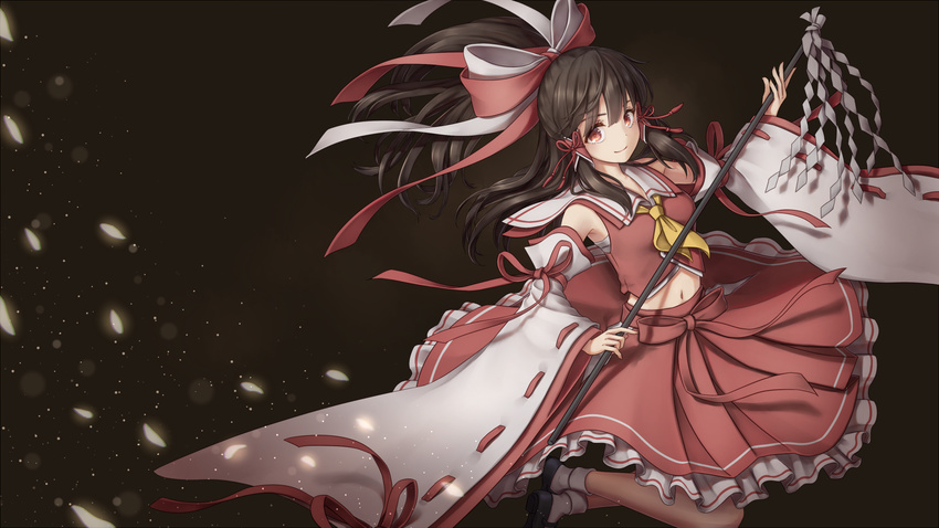 ascot black_background bow brown_hair commentary_request detached_sleeves dtvisu frilled_skirt frills gohei hair_bow hair_tubes hakurei_reimu highres holding looking_at_viewer midriff oonusa red_eyes ribbon-trimmed_sleeves ribbon_trim shoes skirt smile socks solo touhou wide_sleeves