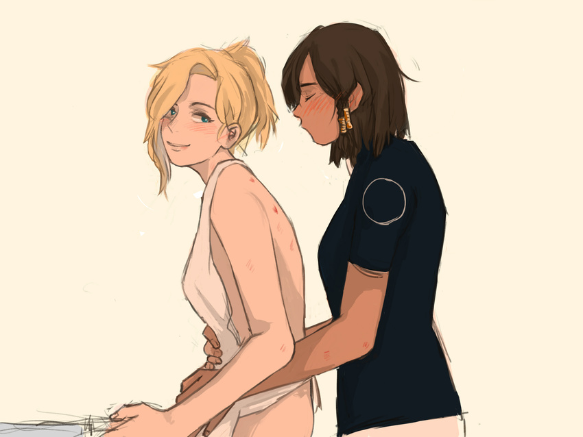 2girls absurdres apron asymmetrical_hair black_hair blonde_hair blue_eyes blush cooking dark_skin eyes_closed hickey highres holding hug incipient_kiss jewelry kiss_mark knife looking_back mercy_(overwatch) multiple_girls naked_apron overwatch pharah_(overwatch) ponytail shirt short_hair simple_background smile yuri