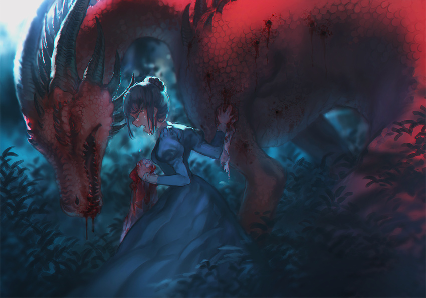 bleeding blood blood_stain bloody_rags bloody_tears bush crying dragon dress hair_bun hand_on_another's_shoulder head_down highres horns injury maid night original pachyphytum rags scales size_difference tears teeth