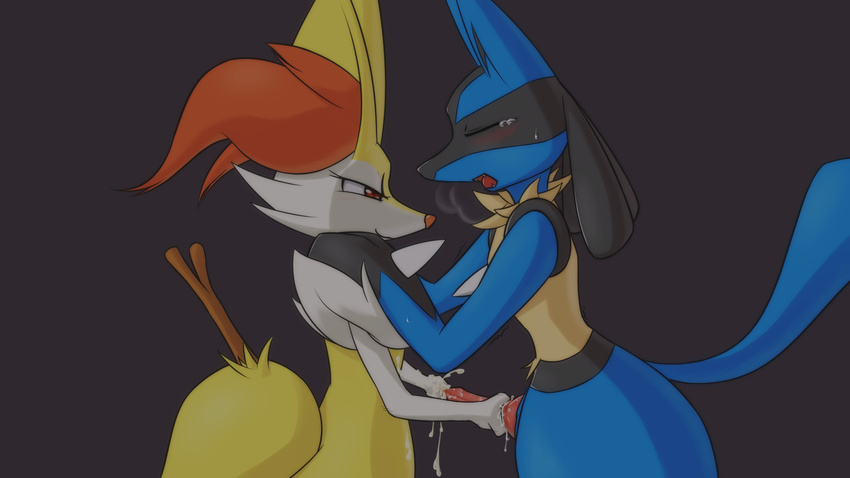 2016 ambiguous_gender animal_genitalia animal_penis anthro aoinu aoinu607 blue_fur blush braixen canine canine_penis cum cum_on_hand cumshot duo ejaculation erection eyelashes eyes_closed fangs fur grey_background half-closed_eyes half-length_portrait hand_on_shoulder handjob inner_ear_fluff knot lucario male male/ambiguous mammal multicolored_fur naughty_face nintendo open_mouth orgasm panting penis pok&eacute;mon portrait precum red_eyes shaking shivering side_view simple_background smile smirk standing stick tears three-quarter_portrait video_games white_fur yellow_fur