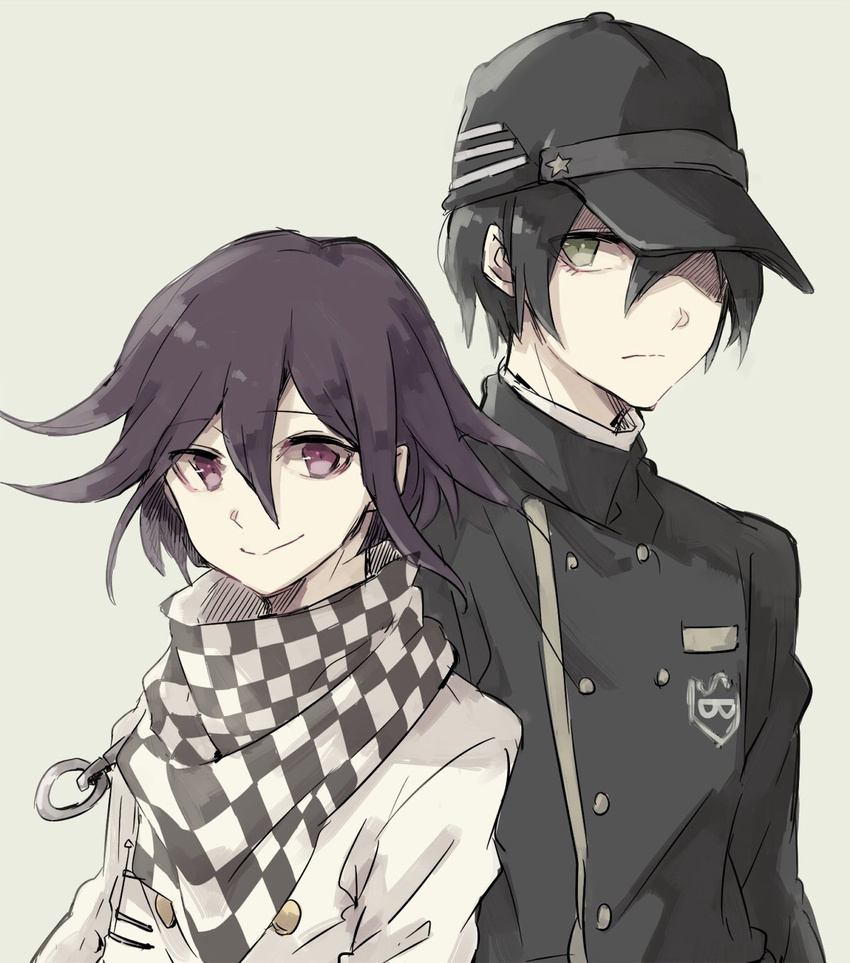 asuna_(doruru-mon) black_hair checkered checkered_scarf coat danganronpa double-breasted green_eyes grey_background hair_over_one_eye hat highres looking_at_viewer male_focus multiple_boys new_danganronpa_v3 ouma_kokichi purple_eyes purple_hair saihara_shuuichi scarf simple_background smile upper_body