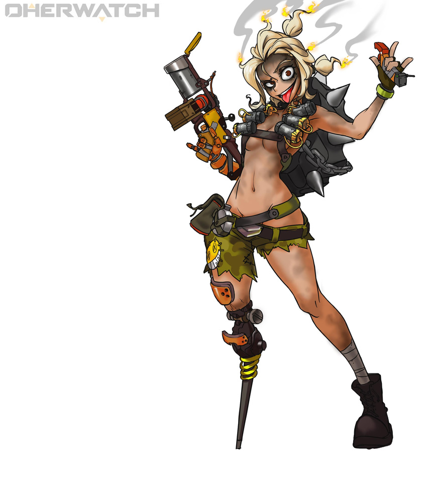 \m/ absurdres bandaged_leg bandages belt boots breasts brown_footwear brown_hair burnt_hair chain crazy_eyes detonator dirty dirty_face explosive finger_on_trigger fingerless_gloves full_body genderswap genderswap_(mtf) gloves grenade grenade_launcher groin gun harness highres holding holding_gun holding_weapon junkrat_(overwatch) looking_at_viewer mechanical_arm medium_breasts muhut navel open_mouth overwatch peg_leg pinky_out pouch shorts simple_background single_boot smoke solo spikes standing tire title_parody tongue tongue_out torn_clothes torn_shorts underboob weapon white_background