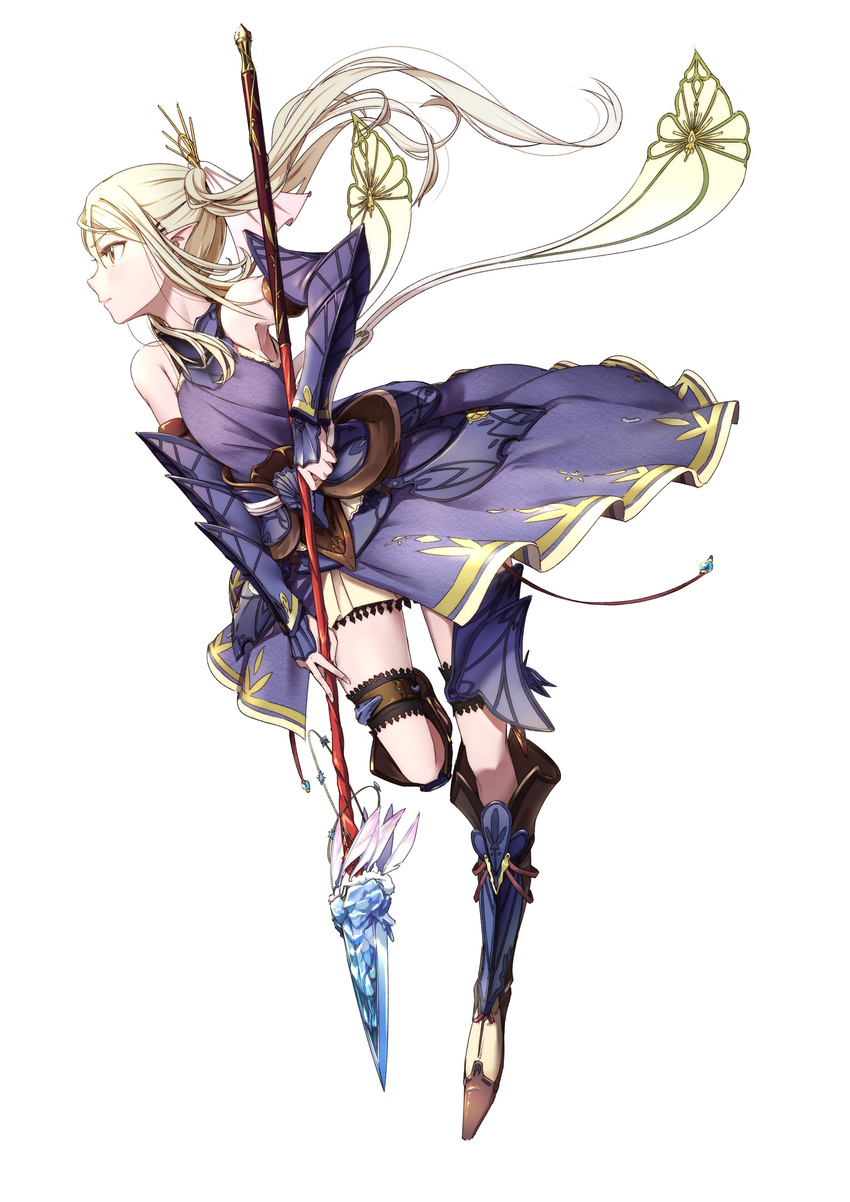 absurdres armor bare_shoulders blonde_hair boots elbow_gloves feathers fingerless_gloves fingernails full_body gauntlets gloves hair_ornament hairclip highres long_hair looking_to_the_side pemu pointy_ears polearm ponytail sash showgirl_skirt simple_background sleeveless solo spear standing standing_on_one_leg swerzan_lord thigh_boots thigh_strap thighhighs weapon white_background yellow_eyes