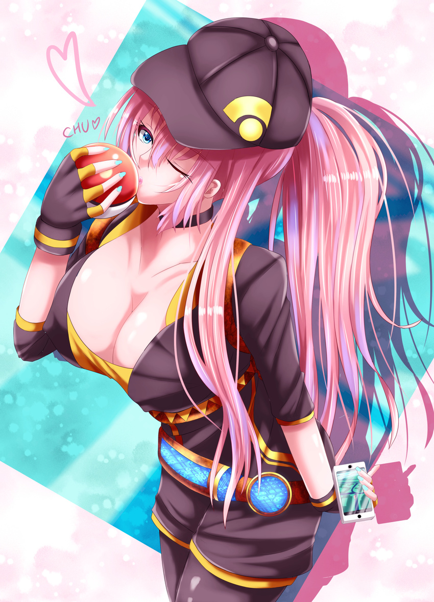 1girl ;o adapted_costume alternate_costume aqua_nails artist_request baseball_cap belt black_gloves blue_eyes breasts cellphone choker cleavage collarbone female female_protagonist_(pokemon_go) fingerless_gloves gloves hair_between_eyes hat heart highres holding holding_cellphone holding_poke_ball kiss large_breasts long_hair looking_at_viewer megurine_luka nail_polish nintendo one_eye_closed pantyhose pink_hair poke_ball pokeball pokemon pokemon_go ponytail shadow shiny shiny_hair solo unitard vocaloid wink