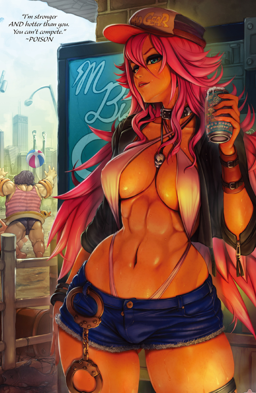 1girl abs absurdres alcohol ass banned_artist beer beer_can bikini bikini_under_clothes blue_eyes breasts bulge can character_name cleavage cropped cuffs cutepet denim denim_shorts final_fight handcuffs highres hugo_andore innertube large_breasts looking_at_viewer navel newhalf non-web_source pink_hair poison_(final_fight) short_shorts shorts slingshot_swimsuit soda_can stomach street_fighter sweat swimsuit thong_bikini toned