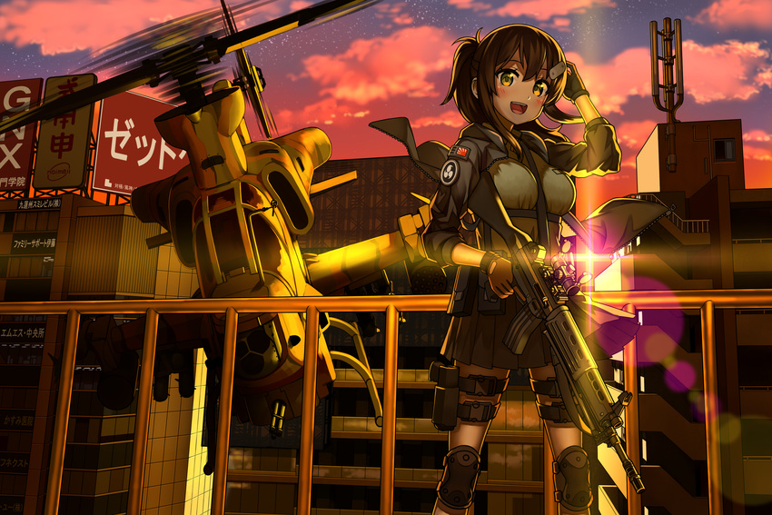 :d ah-1_cobra aircraft assault_rifle blush brown_gloves brown_hair building cloud gloves green_eyes gun hair_ornament hairclip handgun helicopter highres holding holding_gun holding_weapon holster howa_type_89 knee_pads lens_flare long_hair open_mouth original outdoors railing rifle shiono_fuyu sky smile standing star_(sky) starry_sky sunset trigger_discipline weapon