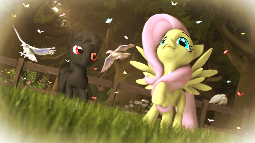 2016 3d_(artwork) biting_tongue blue_eyes cutie_mark detailed_background digital_media_(artwork) duo earth_pony equine eyelashes fan_character feathered_wings feathers female flower fluttershy_(mlp) friendship_is_magic fur grass grey_fur hair hi_res horse long_hair low-angle_view male mammal my_little_pony outside pegasus pink_hair plant pony red_eyes smile sosoft source_filmmaker tongue tree vignette wings yellow_fur