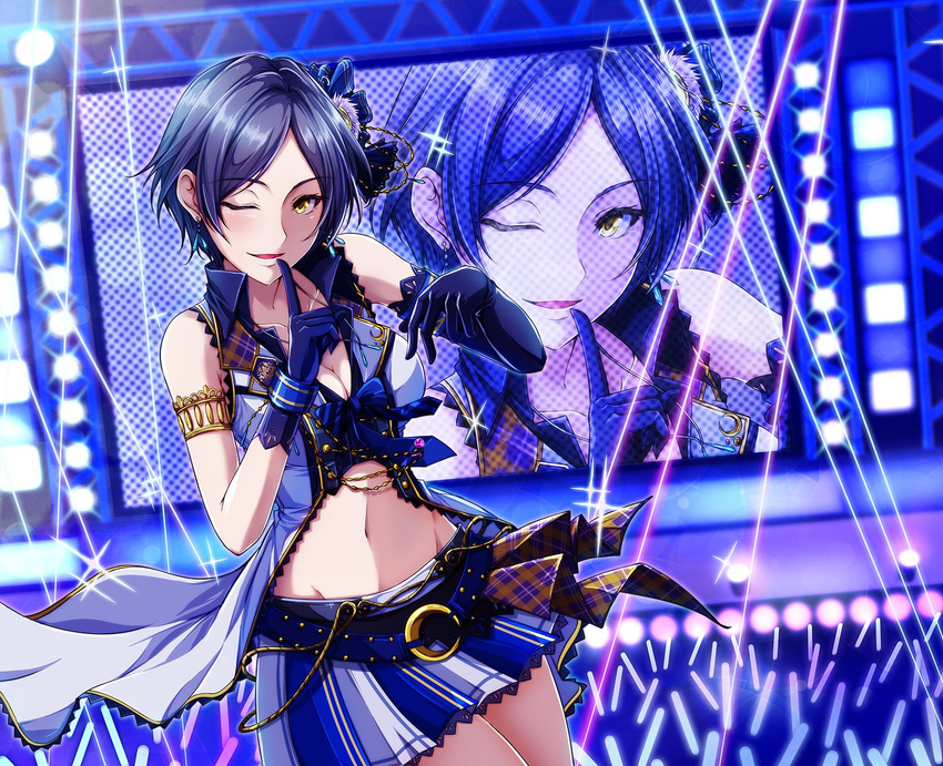 asymmetrical_gloves bangs black_hair breasts concert elbow_gloves finger_to_mouth gloves glowstick hagane_soushi hayami_kanade highres idolmaster idolmaster_cinderella_girls idolmaster_cinderella_girls_starlight_stage looking_at_viewer medium_breasts navel one_eye_closed open_mouth parted_bangs short_hair smile solo yellow_eyes zoom_layer