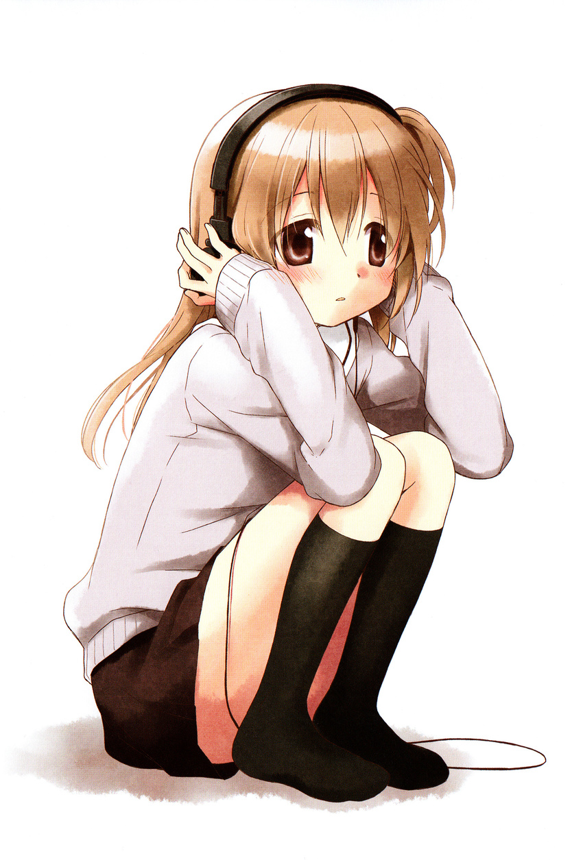 absurdres aoki_ume binetsu_kuukan black_legwear brown_hair headphones highres long_hair nakanose_amane solo