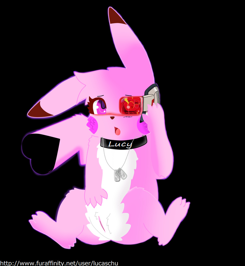 black_background blush browsing_internet cleft collar crotch_tuft dog_tags female feral fur humanoid_pussy lucaschu lucychu nintendo pikachu pink_fur pok&eacute;mon pussy simple_background solo solo_focus spread_legs spreading url video_games visor