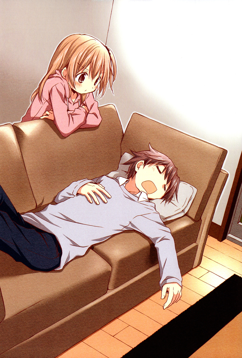 1girl absurdres akasegawa_naoya aoki_ume binetsu_kuukan brown_hair couch highres nakanose_amane sleeping