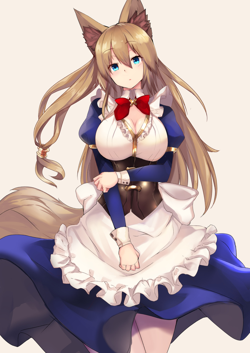 :o animal_ears apron bangs blonde_hair blue_dress blue_eyes blush bow bowtie breasts brown_hair cleavage commentary_request corset cowboy_shot dress eyebrows eyebrows_visible_through_hair fox_ears fox_girl fox_tail haik hair_between_eyes head_tilt highres juliet_sleeves large_breasts long_hair long_sleeves looking_at_viewer maid maid_apron original puffy_sleeves red_bow red_neckwear scrunchie solo tail waist_apron
