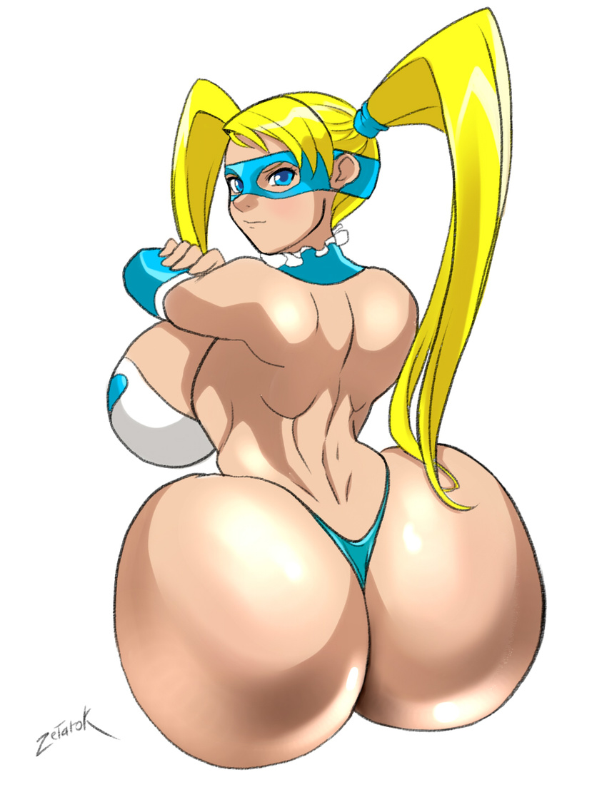 1girl ass back blonde_hair breasts capcom domino_mask female huge_breasts light_smile looking_at_viewer looking_back mask rainbow_mika shiny_skin solo street_fighter street_fighter_v thong_leotard twintails white_background zetarok