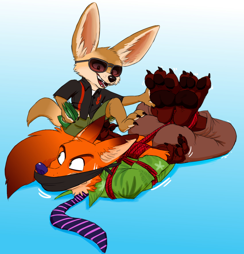 2016 angry anthro bdsm black_nose blue_background bondage bound butt canine cloth_gag clothed clothing digital_media_(artwork) disney duo eyewear fennec finnick fox fur gag gagged green_eyes hands_tied hicanyoumooforme hindpaw male mammal money necktie nick_wilde open_mouth orange_fur pawpads paws purple_nose rope rope_bondage simple_background smile stealing struggling sunglasses sweat teeth zootopia