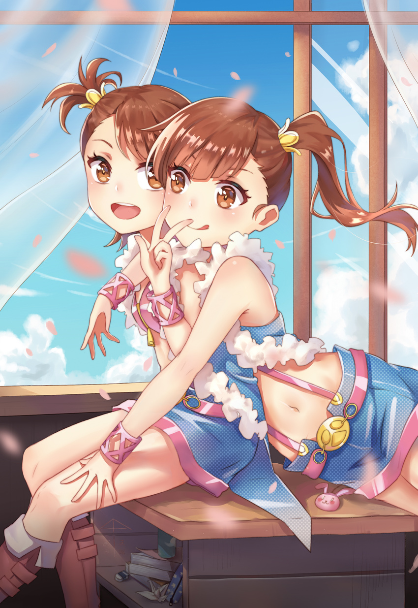 :d :q absurdres bangs belt boots brown_eyes brown_hair desk futami_ami futami_mami highres hug hug_from_behind idolmaster idolmaster_(classic) looking_at_viewer miniskirt multiple_girls navel on_desk open_mouth petals school_desk siblings side_ponytail sisters sitting sitting_on_desk skirt smile suspenders tongue tongue_out twins w wind window yuhuan