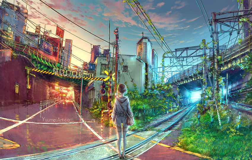arms_at_sides bag belt billboard brown_hair building city cloud facing_away from_behind grass highres hood hood_down hooded_jacket ivy jacket landscape lawson legs_together long_sleeves nape nature ntt_docomo_yoyogi_building original outdoors overhead_line power_lines radio_antenna railing railroad_crossing railroad_tracks real_world_location road scenery shoes short_hair shoulder_bag sign sky solo standing street sunset telephone_pole thigh_gap thighhighs tokyo_(city) tunnel watermark web_address wenqing_yan white_legwear