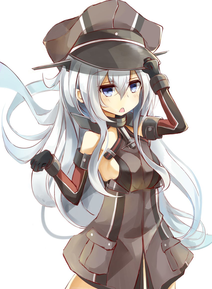 :&lt; absurdres anchor_symbol bad_id bad_pixiv_id bismarck_(kantai_collection) bismarck_(kantai_collection)_(cosplay) black_gloves black_hat blue_eyes cosplay gloves hand_on_headwear hat hibiki_(kantai_collection) highres kantai_collection long_hair looking_at_viewer miyabino_(miyabi1616) open_mouth peaked_cap simple_background solo teeth triangle_mouth white_background white_hair