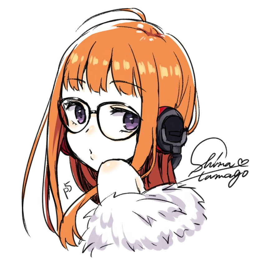 :o artist_name bare_shoulders glasses headphones highres long_hair looking_at_viewer orange_hair persona persona_5 purple_eyes sakura_futaba shimatamago shirt solo white_background