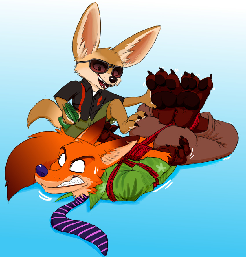 2016 angry anthro bdsm black_nose blue_background bondage bound butt canine clothed clothing digital_media_(artwork) disney duo eyewear fennec finnick fox fur green_eyes hands_tied hicanyoumooforme hindpaw male mammal money necktie nick_wilde open_mouth orange_fur pawpads paws purple_nose rope rope_bondage simple_background smile stealing struggling sunglasses sweat teeth zootopia