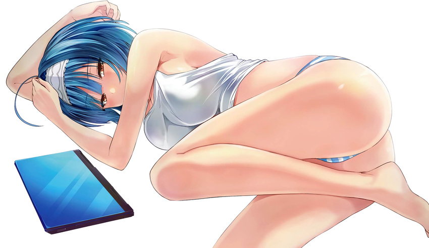 1girl ahoge arm_up ass bare_legs bare_shoulders barefoot blue_hair breasts computer hairband highres kashiwa_miyako laptop large_breasts leg_up long_legs looking_at_viewer lying no_pants nonaka_yuki official_art on_side panties pierre_yoshio shinmai_maou_no_testament solo striped striped_panties tank_top underwear white_background yellow_eyes