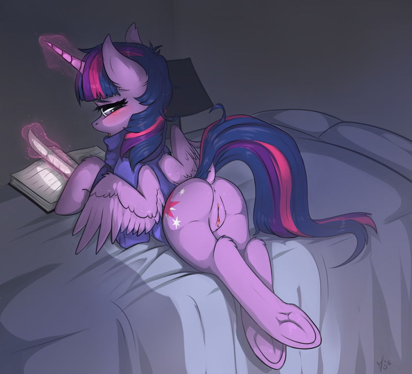 2016 aelsiiz anus bed blush book butt clothed clothed_feral clothing cutie_mark dock equine feathers female feral friendship_is_magic fur glowing hair hooves horn inside looking_at_viewer lying magic mammal multicolored_hair my_little_pony on_bed purple_feathers purple_fur pussy solo twilight_sparkle_(mlp) underhoof winged_unicorn wings