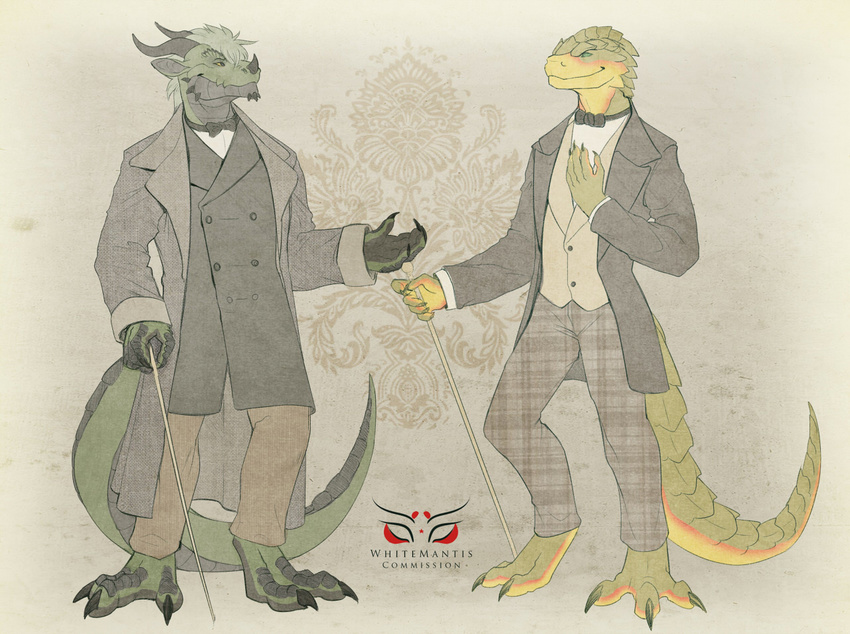 2013 3_toes 4_fingers 5_fingers anthro barefoot black_scales bow_tie cane claws clothed clothing coat digital_media_(artwork) digitigrade dragon duo everquest eye_contact green_scales horn iksar jathiros long_tail male multicolored_scales pants plates scales scalie simple_background standing suit tharis toe_claws toes two_tone_scales video_games watermark whitemantis yellow_scales