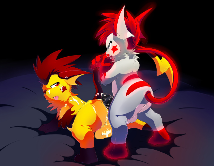 2014 alternate_color balls bed butt cum cum_in_ass cum_inside cum_on_butt cum_on_face cum_on_shoulder duo erection eye_contact fan_character from_behind_position hair male male/male mohawk nintendo on_bed penis pok&eacute;mon pok&eacute;mon_(species) raichu red_eyes red_hair roy_(raichu) roy_arashi sex standing tail_grab tongue tongue_out video_games