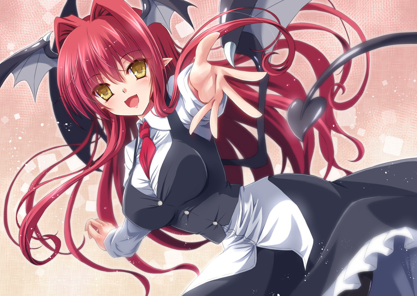 :d bat_wings beckoning between_breasts black_legwear black_vest blurry blush breasts buttons collared_shirt cowboy_shot demon_girl demon_tail depth_of_field dress_shirt frilled_skirt frills hair_intakes head_wings koakuma large_breasts light_particles long_hair long_skirt long_sleeves looking_at_viewer multiple_wings necktie necktie_between_breasts open_mouth outstretched_arms pantyhose pointy_ears red_hair red_neckwear shirt skirt skirt_set smile solo square succubus tail touhou untucked_shirt vest wings yamu_(reverse_noise) yellow_eyes