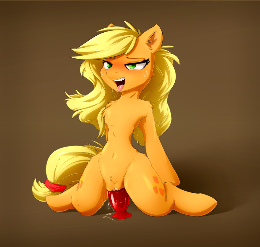 2016 applejack_(mlp) blonde_hair blush cutie_mark earth_pony equine eto_ya female freckles friendship_is_magic fur green_eyes hair hooves horse long_hair mammal my_little_pony open_mouth orange_fur penetration pony pussy sex_toy solo vaginal vaginal_penetration