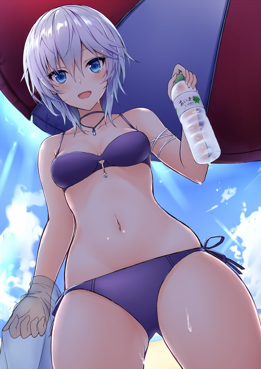 :d anastasia_(idolmaster) ass_visible_through_thighs bare_shoulders beach beach_umbrella bikini blue_eyes blush bottle breasts cleavage cloud cloudy_sky collarbone commentary_request crescent day from_below highres holding holding_bottle idolmaster idolmaster_cinderella_girls jewelry kurifuto looking_at_viewer navel open_mouth outdoors pendant purple_bikini short_hair silver_hair sky small_breasts smile solo stomach sunlight sweat swimsuit umbrella water_bottle