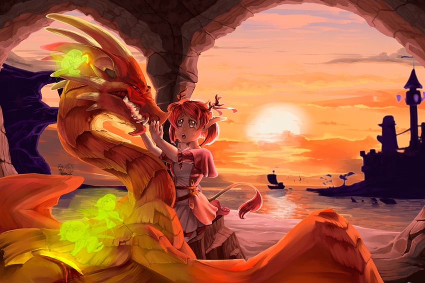 anthro clothed clothing day detailed_background dragon female feral group hair humanoid male membranous_wings open_mouth outside red_eyes red_hair red_scales scales ship sky sun teeth tongue ulitochka vehicle water wings