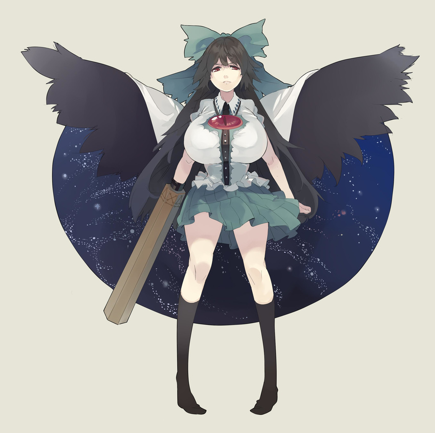 absurdres arm_cannon bird_wings black_hair black_legwear black_wings bow breasts cape closed_mouth frown full_body green_bow green_skirt hair_bow highres huge_breasts long_hair looking_at_viewer muneneko puffy_short_sleeves puffy_sleeves red_eyes reiuji_utsuho shirt short_sleeves simple_background skirt socks solo third_eye touhou weapon white_shirt wings