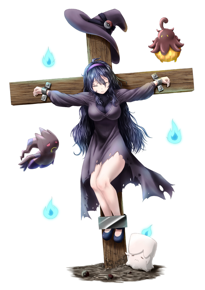 3: =_= banette black_footwear black_hair blue_fire breasts character_name closed_mouth cross crucifix crucifixion dress fire frown full_body gen_3_pokemon gen_5_pokemon gen_6_pokemon hair_between_eyes hairband hat hat_removed headwear_removed hex_maniac_(pokemon) highres hitodama impossible_clothes impossible_dress litwick long_hair long_sleeves looking_at_another mary_janes medium_breasts parsue poke_ball pokemon pokemon_(creature) pumpkaboo purple_hairband red_eyes shoes very_long_hair white_background witch_hat zipper