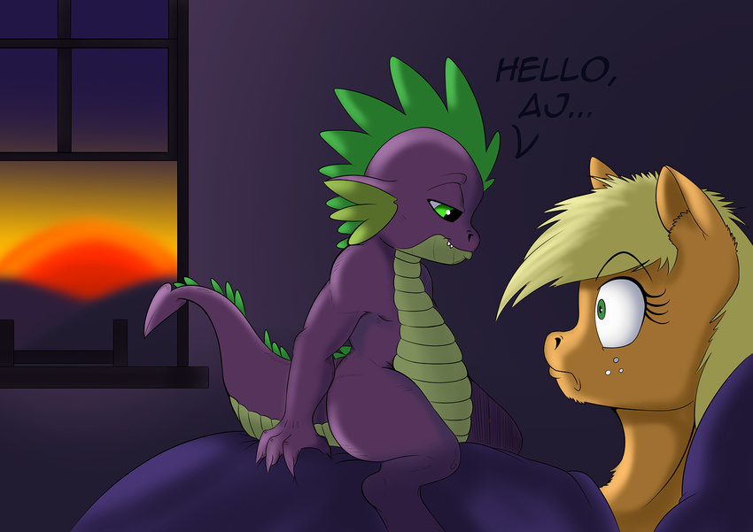 2016 applejack_(mlp) bedroom blonde_hair dialogue dragon duo earth_pony english_text equine exelzior-maximus female freckles friendship_is_magic frown hair horse inside lying male mammal my_little_pony on_back pony smile spike_(mlp) sunrise text wide_eyed