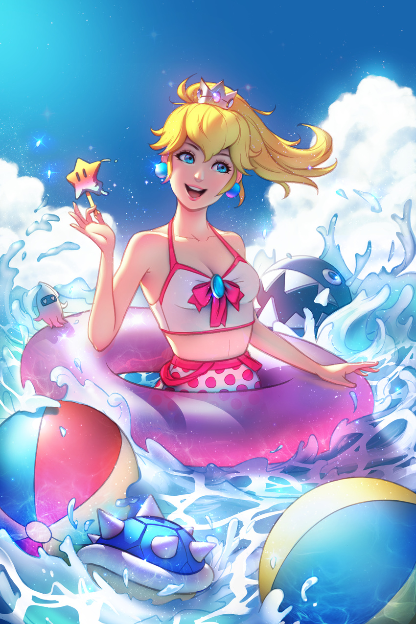 absurdres artist_name blonde_hair blue_eyes blue_shell breasts collaboration crown day food gumroad_reward highres huge_filesize innertube jonathan_hamilton lisa_buijteweg mario_(series) open_mouth paid_reward popsicle princess_peach small_breasts smile super_mario_bros. swimsuit tankini water watermark