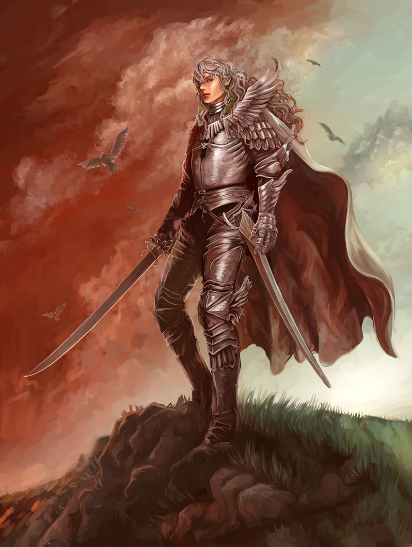 absurdres armor berserk bird blue_eyes cape cliff eucalyptusss full_body gauntlets grass griffith hair_over_one_eye highres holding holding_sword holding_weapon long_hair male_focus saber_(weapon) sheath sky solo sword wavy_hair weapon white_hair