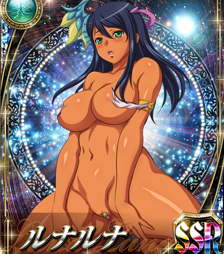 1girl black_hair blush breasts dark_skin green_eyes large_breasts long_hair lunaluna_(queen's_blade) queen's_blade solo