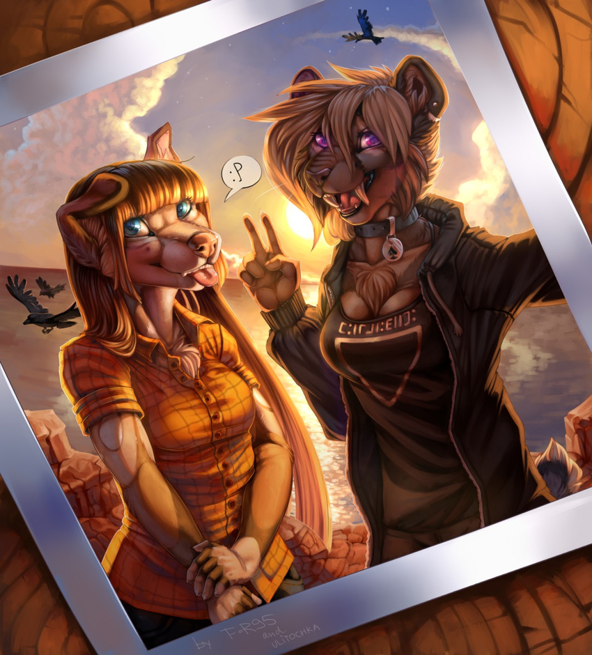 5_fingers anthro black_lips blonde_hair blue_eyes breasts brown_hair canine cleavage clothed clothing collar day detailed_background digital_media_(artwork) dog duo ear_piercing f-r95 falla fangs feline female fur hair mammal open_mouth outside photo piercing purple_eyes saber-toothed_cat sabertooth_(feature) selfie sky smile sun teeth tongue tongue_out ulitochka