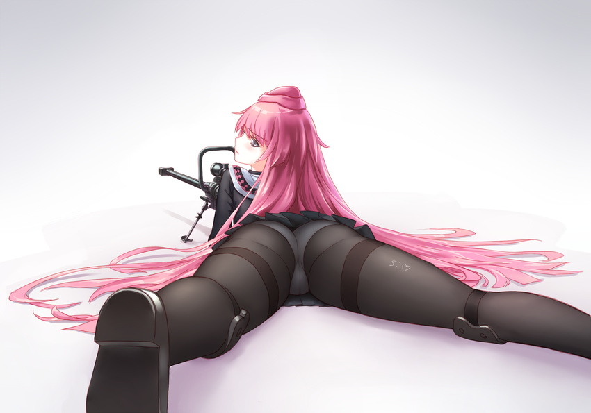 anti-materiel_rifle ass black_footwear black_legwear black_skirt blue_eyes body_writing eyebrows eyebrows_visible_through_hair foreshortening from_behind girls_frontline gun hat highres knee_pads legs long_hair long_sleeves looking_at_viewer looking_back lying miniskirt ntw-20 ntw-20_(girls_frontline) on_stomach panties panties_under_pantyhose pantyhose pink_hair pink_hat pleated_skirt rifle shoe_soles shoes si_(ruanmumu) skirt sniper_rifle solo spread_legs thigh_strap thighs underwear very_long_hair weapon white_panties