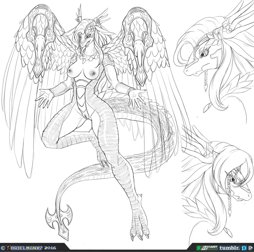 2016 anthro breasts dragon feathered_wings feathers female hair horn humanoid konami long_hair nipples nude open_mouth pussy royalty saffira_queen_of_dragons scalie simple_background solo urielmanx7 wings yu-gi-oh