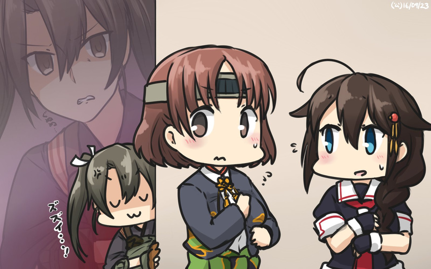 :3 anger_vein black_hair black_serafuku blue_eyes blush braid breast_envy brown_hair chiyoda_(kantai_collection) closed_eyes commentary dated flying_sweatdrops gloves hair_between_eyes hair_ornament hair_over_shoulder hair_ribbon hamu_koutarou headband highres kantai_collection long_hair multiple_girls muneate partly_fingerless_gloves peeking_out remodel_(kantai_collection) ribbon school_uniform serafuku shaded_face shigure_(kantai_collection) short_hair single_braid translated twintails v_v white_ribbon yugake zuikaku_(kantai_collection)