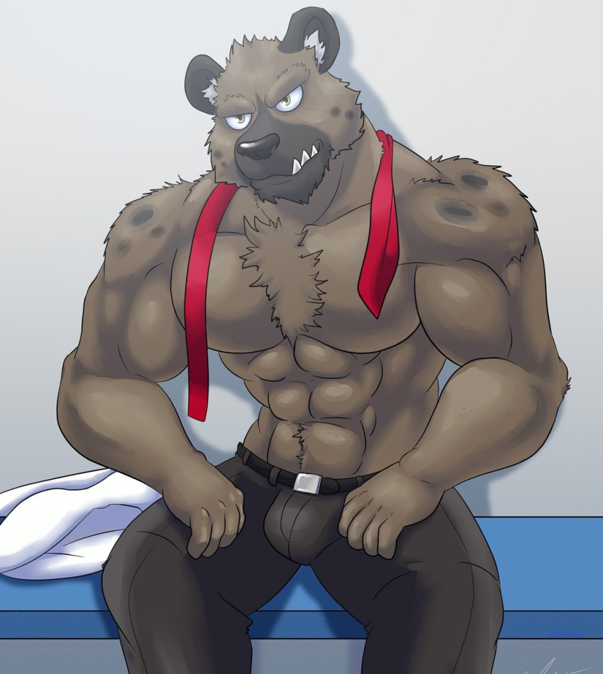 2018 5_fingers abs biceps big_muscles brown_fur bulge clothed clothing fangs fur haida hair hyaenid jabuhusky male mammal muscular muscular_male necktie pecs sitting spotted_hyena topless