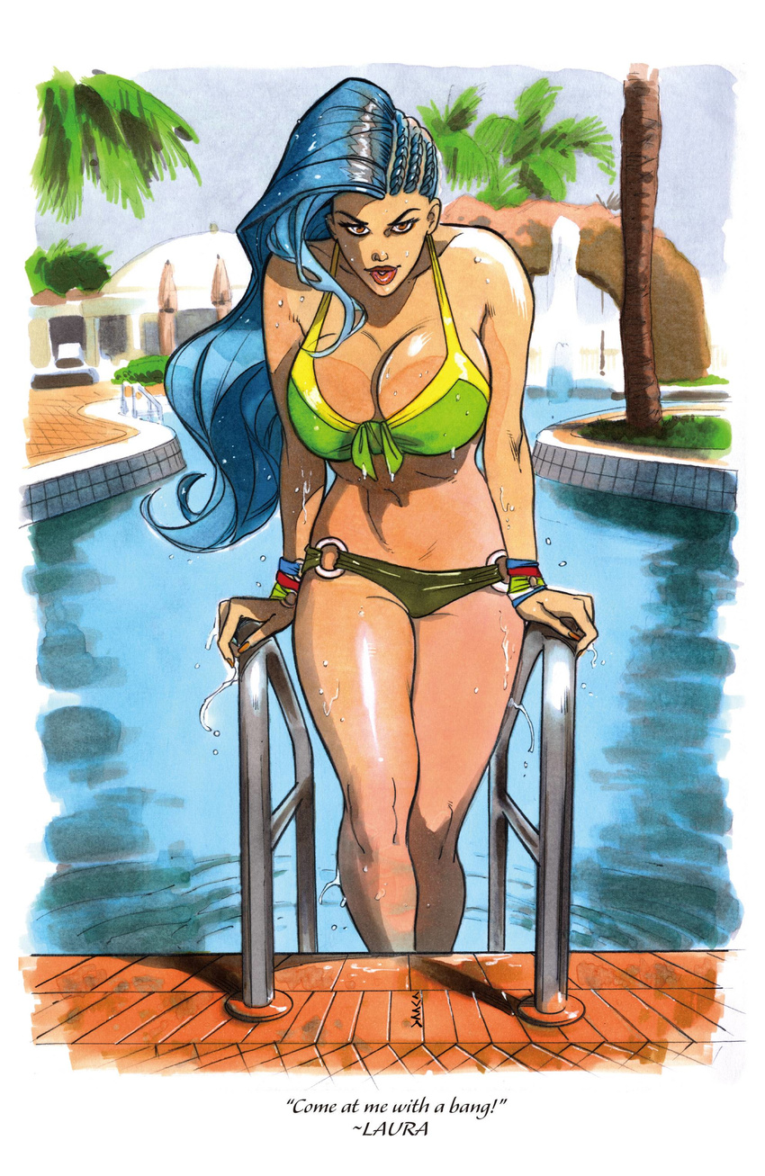 absurdres asymmetrical_hair bikini black_hair bracelet breasts brown_eyes cleavage cornrows dark_skin front-tie_bikini front-tie_top green_bikini highres jewelry large_breasts laura_matsuda lips lipstick long_hair makeup midriff navel pool pool_ladder solo street_fighter street_fighter_v swimsuit vincenzo_cucca wavy_hair wet